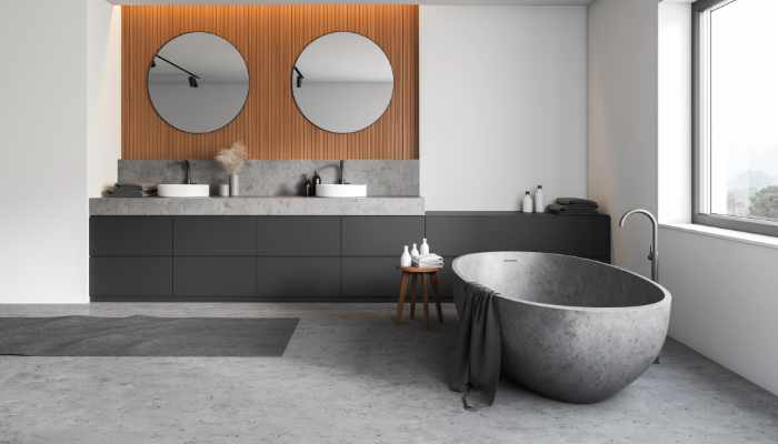 White and wooden bathroom, double sink and tub